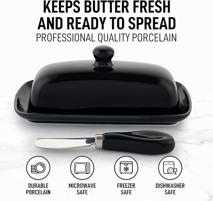 Zulay Kitchen Butter Dish With Lid For Countertop - Porcelain Black, Ceramic Butter Dish with Knob Handle Great for Cooking - Elegant Design Butter Holder - Durable & Sturdy Butter Keeper - Black