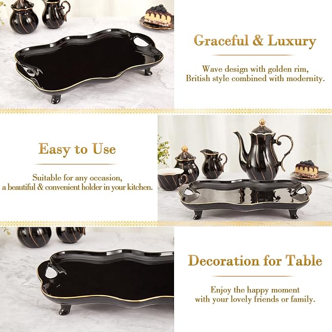 DUJUST Porcelain Serving Tray with Handles, Luxury British Style Coffee Table Tray with Golden Rim, Beautiful Tea Tray Decor for Living Room, Easy to Use & Clean - Black