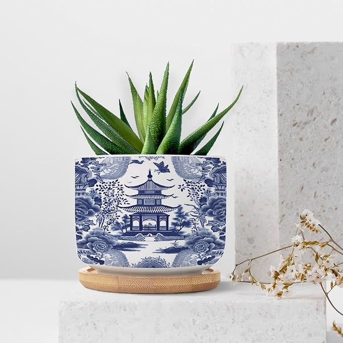 Chinoiserie Blue Asian Planters Ceramic Chinoiserie Chic Asian Round Plant Pots with Drainage Holes and Bamboo Tray Pot for Succulents Cactus Garden Windowsill