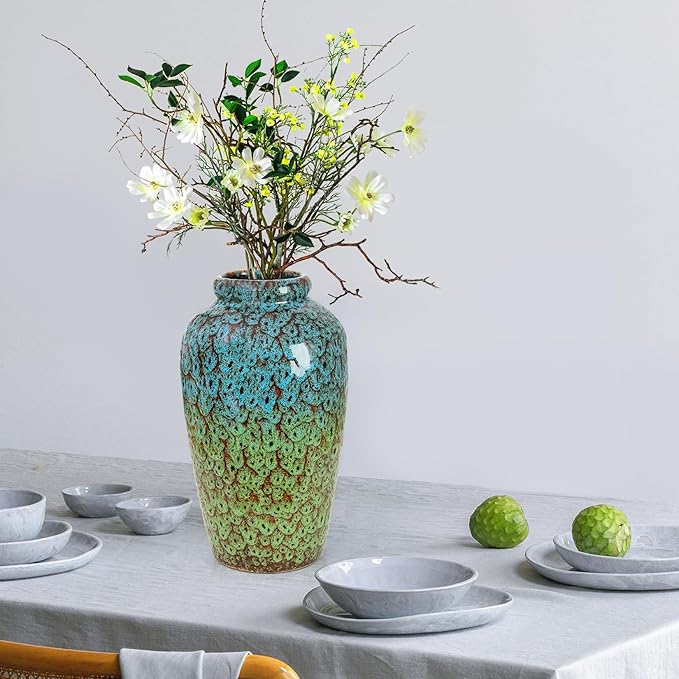 Unique Ceramic Flower Vase, Modern Home Decor for Living Room, Tables, Shelves & Enterways,11Inch Tall Blue Green Vase Gift for Housewarming, Wedding, Birthday
