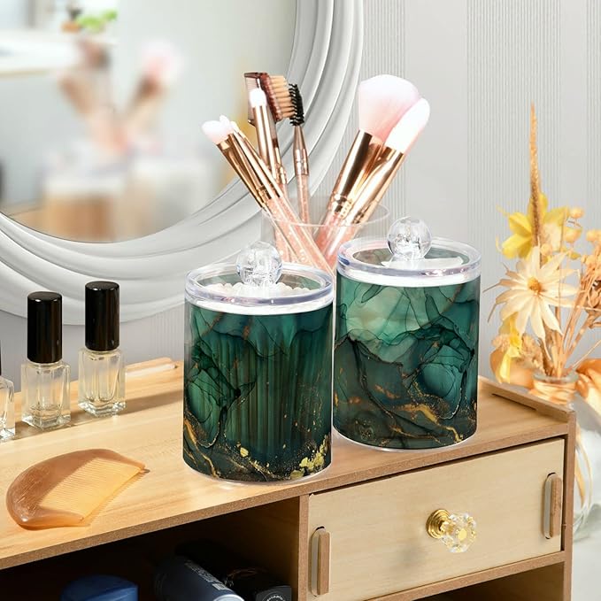 MNSRUU 4 Pack Qtip Holder Organizer Dispenser Turquoise Green Marble Bathroom Containers Bathroom Vanity Storage Canister Apothecary Jars for Cotton Swabs/Pads/Floss