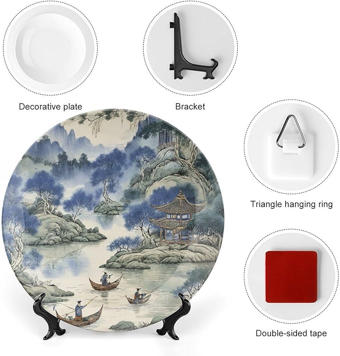 Asian Scenic in Blue And Kelly Green Chinoiserie Ceramic Decorative Plate, Ceramic Ornaments Dessert Plates for Table Kitchen Decor, with 1 Display Stand Art Decorations for Festival Art Decoration