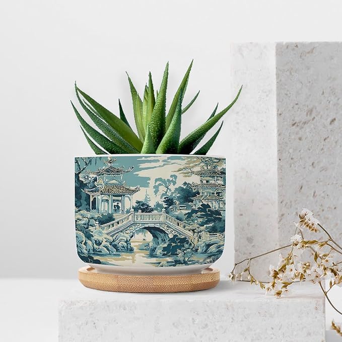 DreamAutumn Chinoiserie Blue and White Porcelain Pattern Ceramic Flower Pots,Gardening Plant Pot with Drainage Holes and Saucers Round Ceramic Pots for Indoor Plants Succulent Herbs Cactus Pots