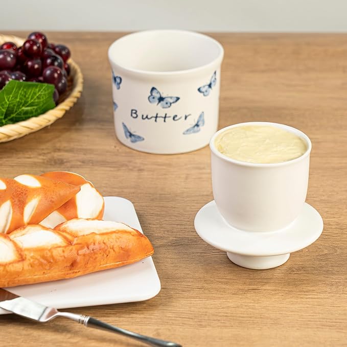 Stoneware Butter Crock with Lid, Ceramic Butter Dish with Water Line, Countertop Butter Keeper, Butter Holder for Countertop, Butterfly