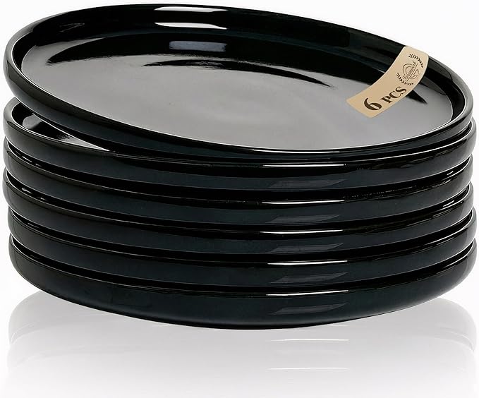 Ceramic Appetizer Plates Set of 6,Black Dessert Plates 8 Inch,Small Dinner Plates,Modern Round Salad Plates,Porcelain Serving Dishes for Pasta,Snack,Bread,Dessert,Sushi Microwave & Dishwasher Safe