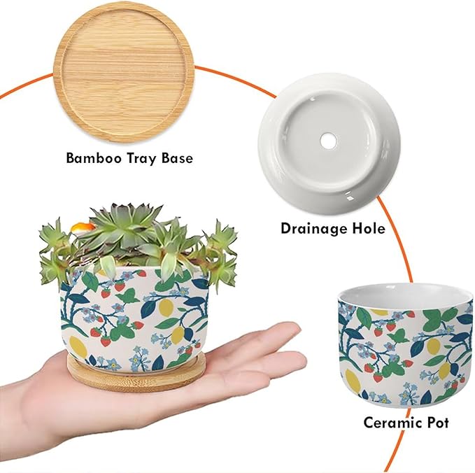 Summer Cherry Lemon Citrus Garden Small Ceramics Planter Set of 5 Leaf Fruit Strawberry Ceramics Plant Pot with Drainage Bamboo Trays Chinoiserie Style Succulents Pots
