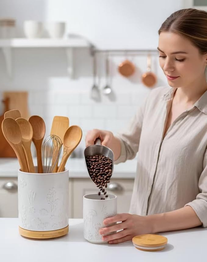 TEATALK Ceramic Utensil Holder Set, 360° Rotating Organizer for Countertop, Farmhouse Vintage Style, Large and Small Crocks in White Garden Pattern，7.7"+5.7"