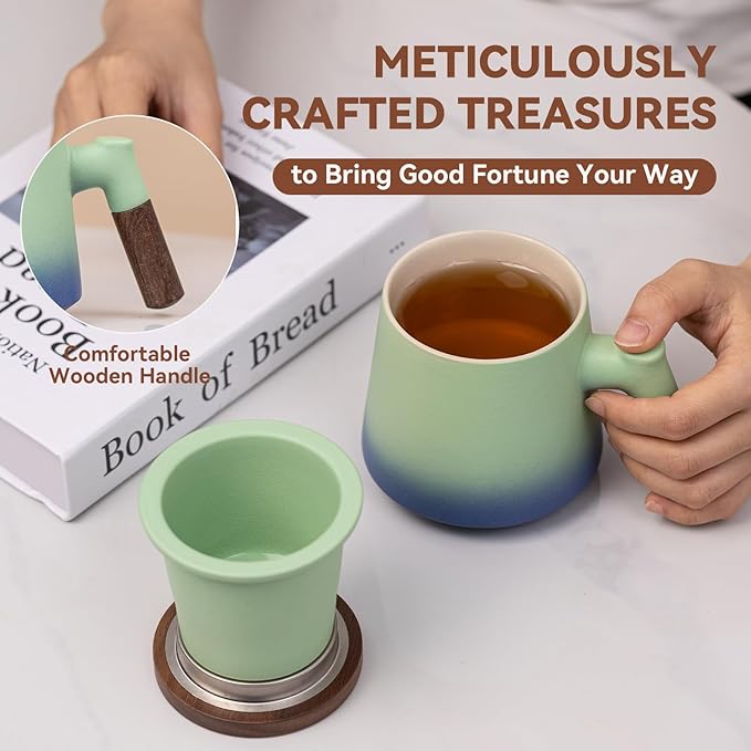 Ceramic Tea Mug with Infuser & Lid, 14oz Kiln-Transformed Unique Cup – Nature's Artisan Design, Loose Leaf Tea Cup with Infuser, Insulated Ceramic Coffee Mugs with Lid, Gift for Women/Men