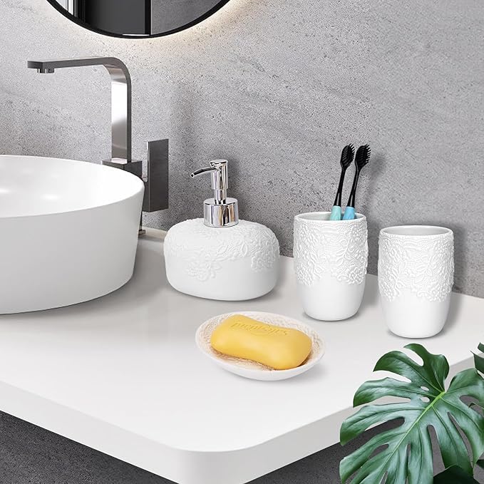 Ceramic White Bathroom Accessory Sets Embossed Design Look, Includes Bathroom Soap Dispenser with Rust-Proof Plastic Pump 13.5oz & 2Pcs Ceramic Cup,1Pcs Soap Dish