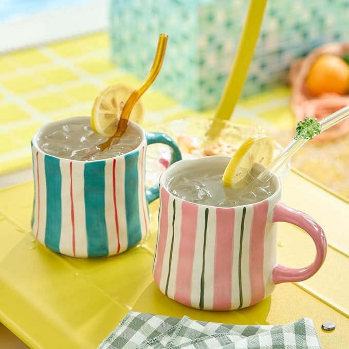 Retro Checkered Ceramic Coffee Mug 16Oz - Extra Large Handle, Microwave Safe Vintage Patterned Tea Cup for Home-4pack
