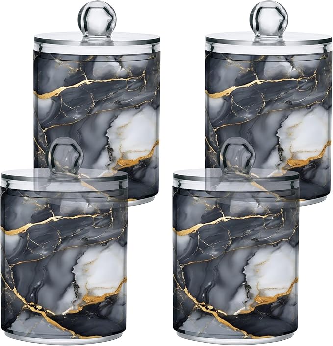 MNSRUU 2 Pack Qtip Holder Organizer Dispenser Abstract Black White Gold Marble Bathroom Storage Canister Plastic Cotton Ball Holder Bathroom Containers for Cotton Swabs/Pads/Floss