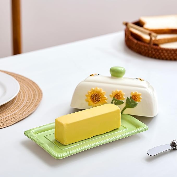 Fungi Fun Ceramic Butter Dish with Lid for Countertop – Decorative Sunflower and Mushroom Design, Unique Sunflower Kitchen Accessories, Cute Butter Dish with Cover for Countertop, Holds 2 Sticks