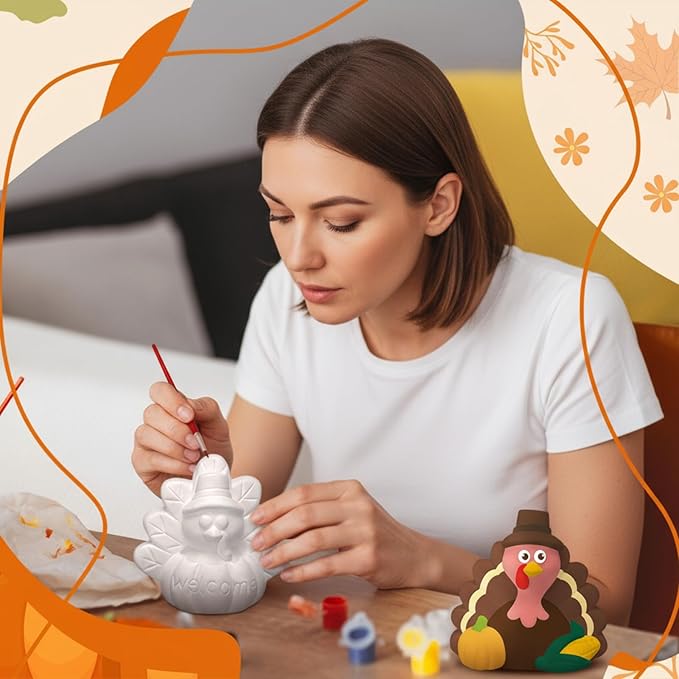 Eersida 6 Sets Gnome Ceramics to Paint Pumpkin Ready to Paint Your Own Ceramic Gnome Statues DIY Unpainted Ceramics Paintable Figurines Kit Crafts with Brush Palette(Thanksgiving Turkey)