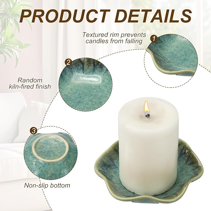 uxcell Candle Holder Plates, 4 Inch Ceramic Candle Tray Tealight Incense Holder Dish Candlestick for Tea Light Aromatherapy Wedding Rustic Vintage Home Decor, Lotus Leaf Green
