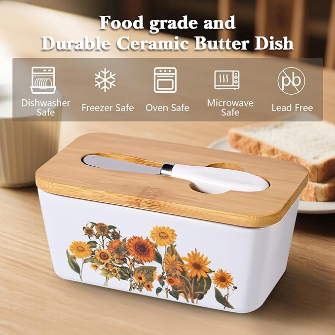 Sunflower Butter Dish with Lid,Large Butter Crock Keeper Saver,Ceramic Butter Container for Countertop with Highly Sealed Silicone Thick Wooden Lid for Kitchen Farmhouse Decor (White, Sunflower)