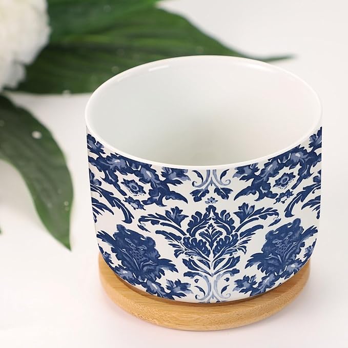 Blue Regalia Lion Ceramics Pots for Plants Set of 3 Indigo Blue Flower Lion Asian Succulents Plants Live with Pot with Drainage Bamboo Trays Chinoiserie Asian Small Ceramics Plant Pot