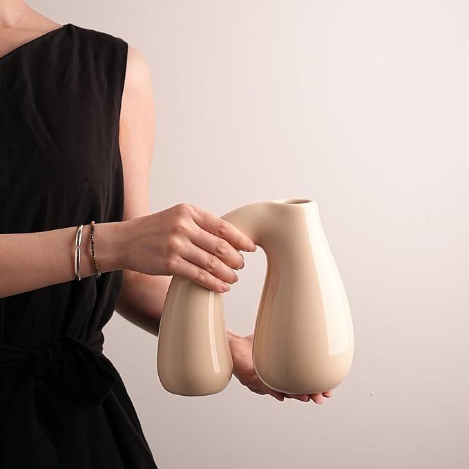 Cream White Ceramic Decorative Pitcher Vase, 7.5 in – Glossy Sculptural Arch-Handle, Modern Home Décor Accent for Fresh or Dried Floral Arrangements, Table/Shelf/Entryway, Giftable