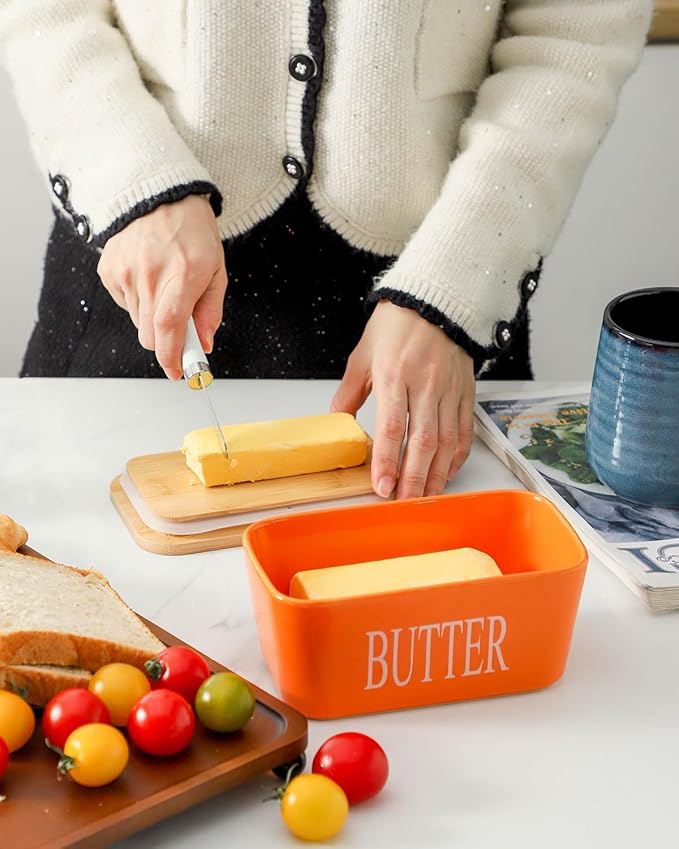 Hasense Porcelain Butter Dish with Bamboo Lid - Covered Butter Dish with Butter Knife for Countertop, Airtight Butter Container with Cover Perfect for East West Coast Butter, Orange