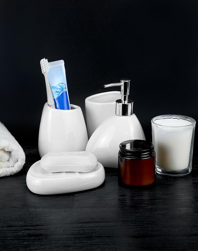 QWORK Elegant White Ceramic Bathroom Accessory Set – Modern Teardrop-Shaped 4-Piece Ensemble – Includes Soap Dispenser, Tumbler, Toothbrush Holder, and Soap Dish for Stylish Home Decor