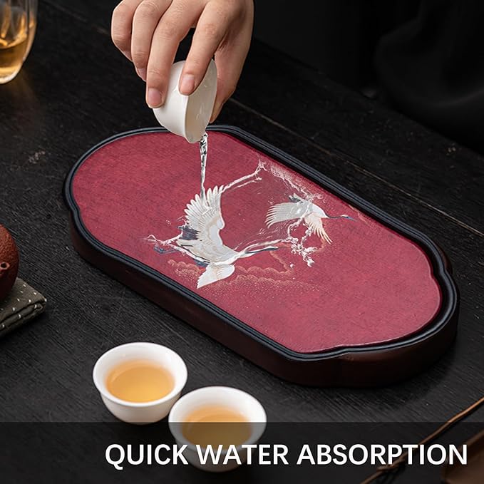 Elegant Absorbent Tea Tray – Vintage Handcrafted Gongfu Tea Table with Crane & Nature-Inspired Patterns, Tea Serving Tray, Compact Water-Absorbing Tea Board for Home & Office