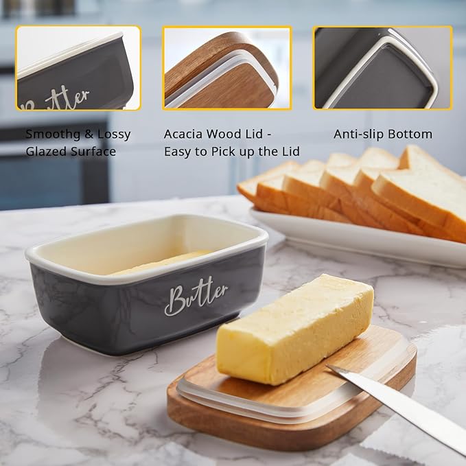 Gray Butter Dish, ALELION Large Ceramic Butter Dish with Lid for Countertop, Butter Container with Acacia Wooden Lid, Modern Country Kitchen Decor and Accessories for Counter, for Kitchen Gifts