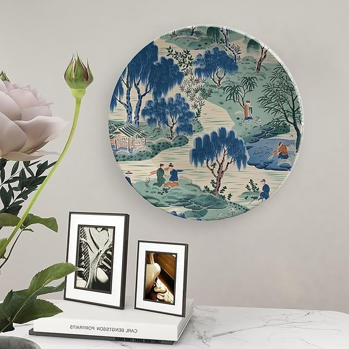 Asian Scenic Dynasty Blue And Green Plates Ceramic, Custom Porcelain Dessert Plate Set for Office Festival Farmhouse Decor, with Vertical Stand Art Decorations for Club Kitchen
