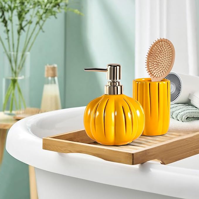 Ceramic Bathroom Accessories Set of 3, Thanksgiving Pumpkin Bathroom Decor, Fall Bathroom Sets Complete -Toothbrush Holders, Soap Dispenser, Soap Dish, Bathroom Organizer for Countertop