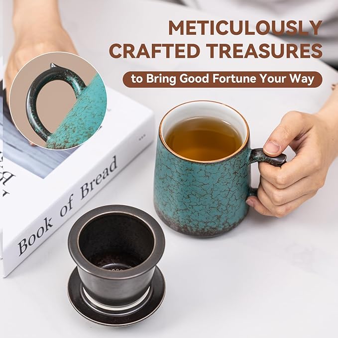 Ceramic Tea Mug with Infuser & Lid, 15oz Kiln-Transformed Unique Cup – Nature's Artisan Design, Loose Leaf Tea Cup with Infuser, Insulated Ceramic Coffee Mugs with Lid, Gift for Women/Men