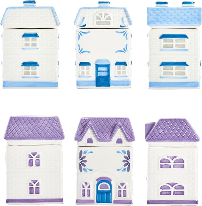 Bico Spice Cottages Blue and Purple 4 oz Ceramic Spice Jar Set of 2 with Labels, Hand-Painted, Airtight Kitchen Spice Container Organizer