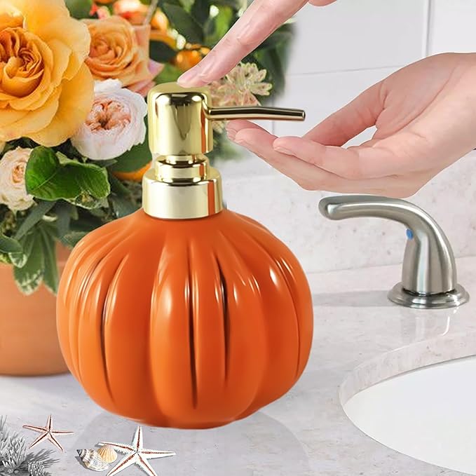 Pumpkin Bathroom Accessories Set, Orange Bathroom Fall Decor, 3PC Ceramic Bathroom Sets Complete, Toothbrush Holders, Soap Dispenser, Soap Dish, Bathroom Organizer for Countertop