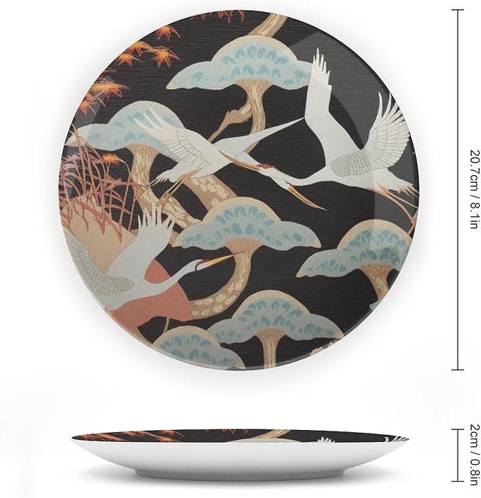 Japanese Crane Asian Oriental Birds China Plates, Custom Heron Floral Autumn Leaves Branch Ceramic Salad Plates, Housewarming Gifts Art Decoration Decorations Club, Unique Art with Stand
