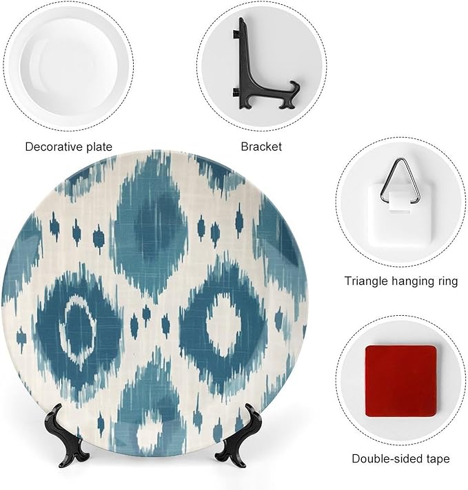 Plates Ceramic Blue Ikat Customize Decor for Club Housewarming Gifts Art Decoration Home Chinese Plates with Display Stand And Hook Up, Multi Sizes by Choosing, Gifts for Men Women