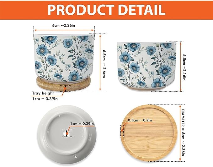 Set of 5 Chinoiserie Blue Floral Small Pot for Flowers Mughal Flower Ceramics Planter with Drainage Bamboo Trays Chinoiserie Chic Pots for Succulents Indoor Birthday Gift for Mom