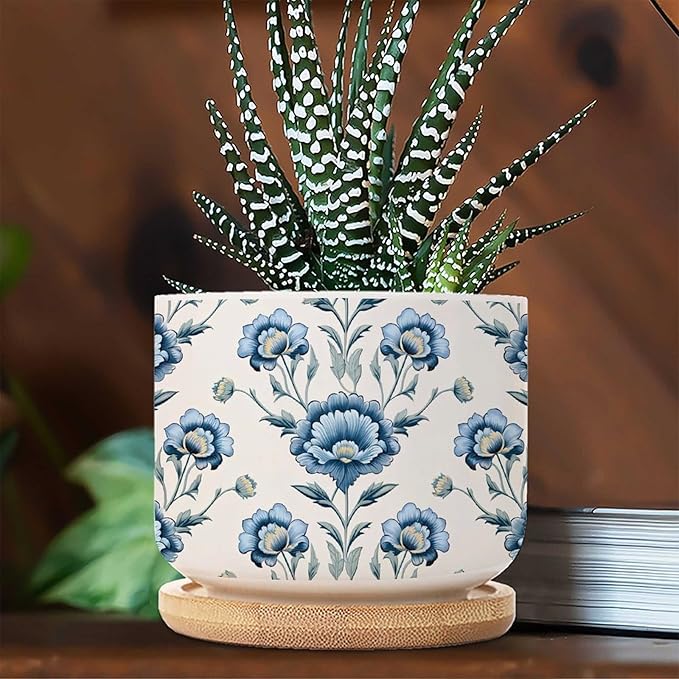 1 Piece Ceramics Planter Mughal Flower Small Pots for Succulents Chinoiserie Blue Floral Cactus Pot for Indoor Asian Scenery Chinoiserie Plant Pot with Drainage Holes
