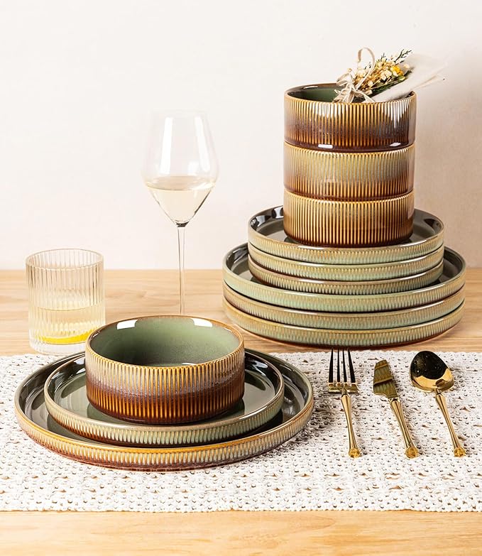 TheTerra Ceramic Dinnerware Sets for 8, 24 Pieces Porcelain Lightweight Plates and Bowls Sets, Scratch Resistant Dish Set, Oven & Microwave & Dishwasher Safe, Sage Umber