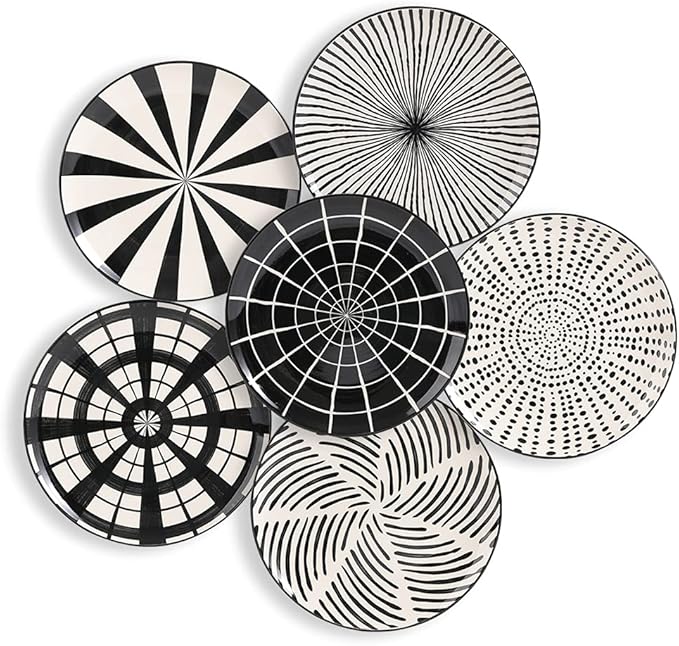 Ceramic Dessert Plates 8 Inch - Salad Appetizer Plate Set of 6 - Modern Japanese Style - Dishwasher and Microwave Safe - Black and White