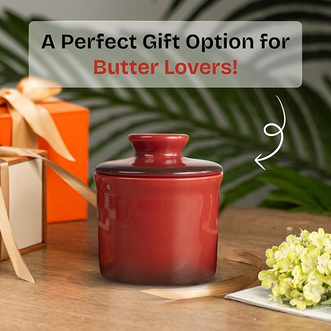 Stoneware Butter Crock with Lid, Ceramic Butter Dish with Water Line, Countertop Butter Keeper, Butter Holder for Countertop, Red Gradient