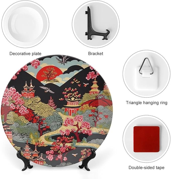 Decorative Plate Chinoiserie Charcoal Coral Pagoda Asian Customize Decor for Home Wedding Art Decoration Club Blue And White Plates with Vertical Stand, Multi Sizes by Choosing, Gifts for Men Women