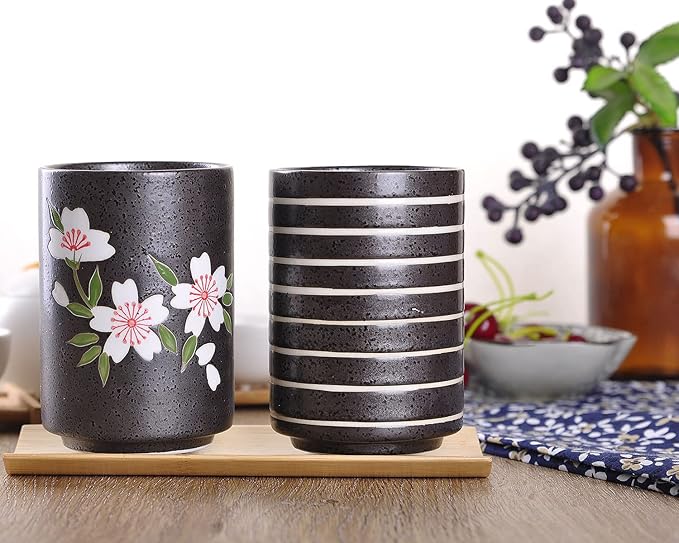 WHJY 10oz Transitional Chinese/Japanese style Handle-less Ceramic Tea cups teacup, Cherry Bloom & Line Pattern Set of 2