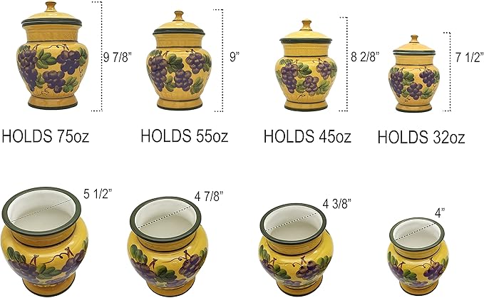 ACK Tuscany Grape Hand Painted Ceramic 4PCs Canister Set with Lid, Kitchen Storage Jar, Food Storage Container, Airtight Storage Container With Rubber Seal