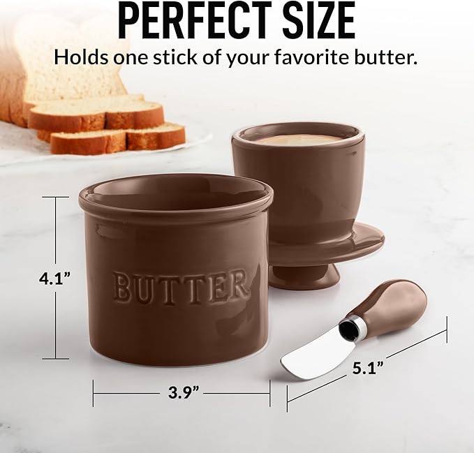 Zulay Kitchen Bell Shaped Butter Crock with Lid for Countertop with Water Line & Spreader Knife, Ceramic French Butter Dish Keeper For Fresh, Soft & Spreadable Butter - Coffee