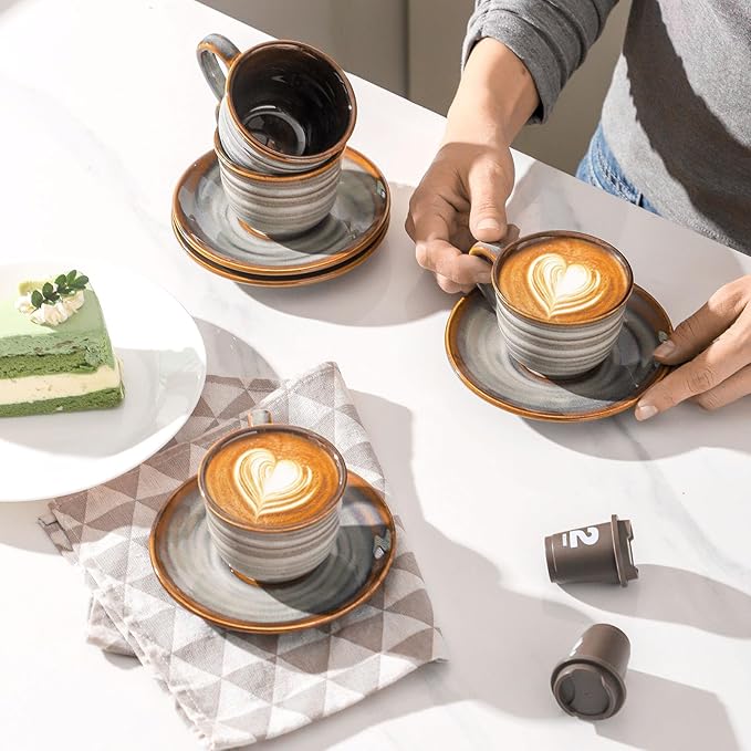Ceramic Espresso Cups with Saucers 5 Oz,Set of 4 Porcelain Demitasse Cups Set,Small Coffee Cups with Handle for Coffee,Tea,Latte and Macchiato,Cappuccino Mugs for Kitchen and Cafe,Brown