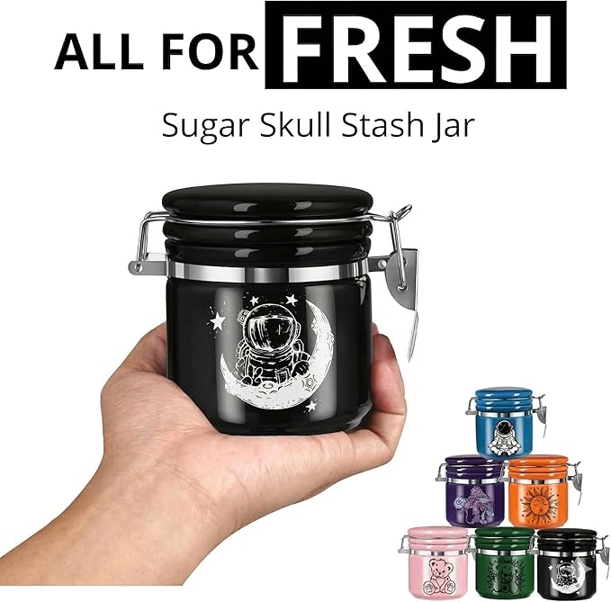 Smell Proof Jar Half Oz (250ml), Separate Space for Humidity Pack To Keep Herbs, Spices Fresh For Months - Ceramic Smell Proof Containers, Stash Jar with Clamp Lid -Double Sealed Airtight Jar -Black