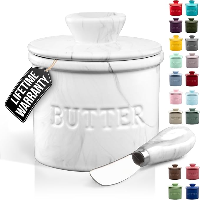 Zulay Kitchen Bell Shaped Butter Crock with Lid for Countertop with Water Line & Spreader Knife, Ceramic French Butter Dish Keeper For Fresh, Soft & Spreadable Butter - Marble
