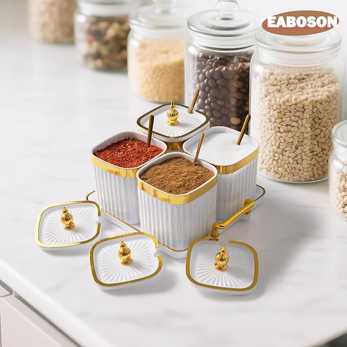 4 Pack Gold Condiment Spice Jars with Lids, Spoons, Tray - Plastic Seasoning Box Set for Salt, Pepper, Sugar - Kitchen Storage