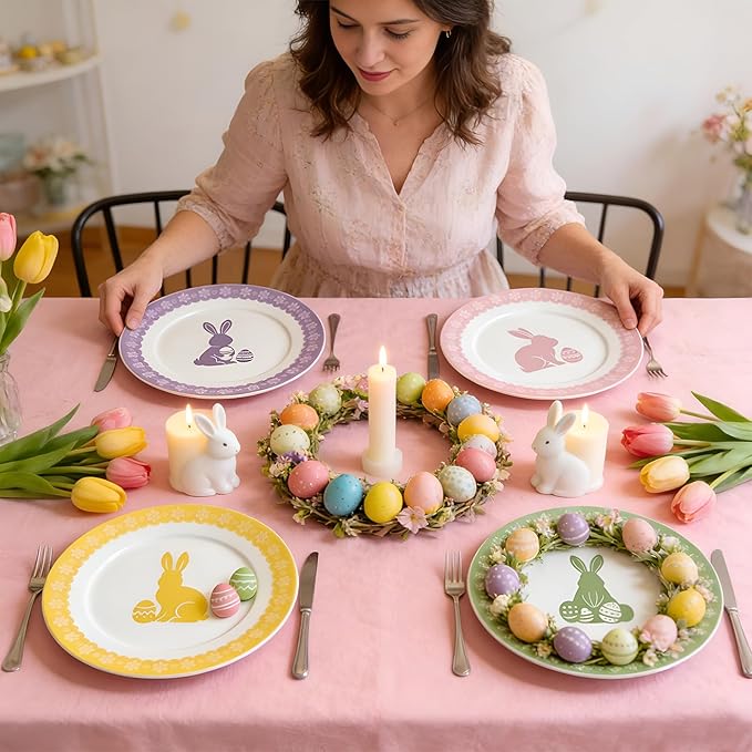 Rtteri 4 Pack 9 In Easter Bunny Ceramic Plate Pastel Spring Ceramic Dessert Plate Rabbit Easter Salad Dishes Dinnerware for Home Brunch Spring Party Kitchen Wedding Decor