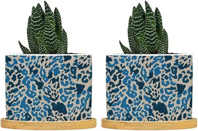 Leopard Blue and Light Brown Dot Planter Ceramic African Tribal Animal Print Round Flower Pots with Drainage Holes and Bamboo Tray Pot for Home Desktop Office Windowsill
