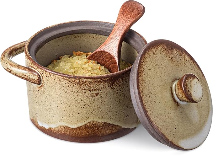 Honeydak Speckled Ceramic Salt Cellar with Lid and Wooden Spoon, Rustic Farmhouse Salt Pepper Cellar Holder for Valentines Day,Housewarming Gift, Heavyweight Spices Jar(Retro Color,1 Set)