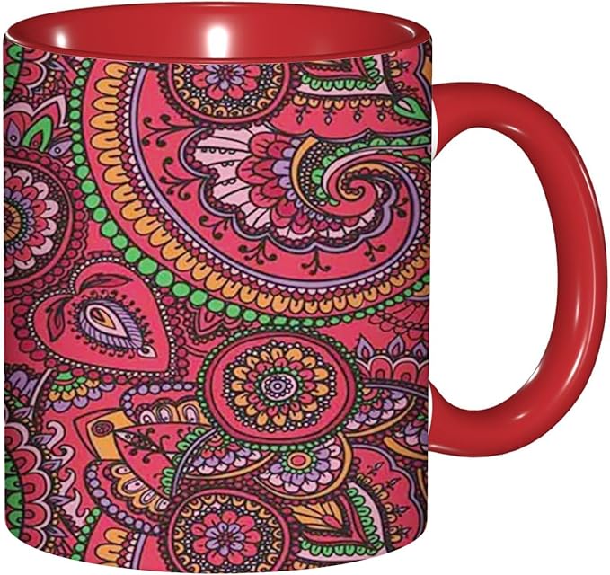 Asian,Ceramic Coffee Mug, Pattern Based on Traditional, Funny Tea Cup, 6 Colors to Choose, 11 Oz, Dishwasher and Microwave Safe (Red)