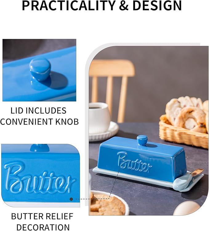 TEATALK Ceramic Butter Dish with Lid and Knife - Large Butter Holder, Farmhouse Style, 8-Inch Porcelain Butter Keeper with Scraper Edge, Blue